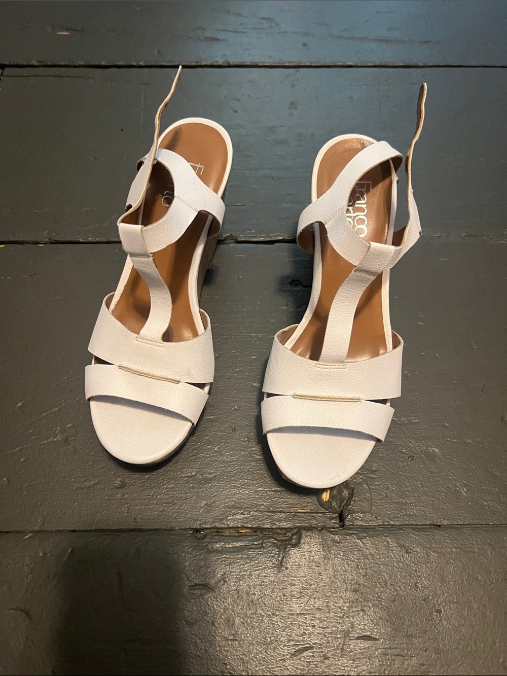 Franco Sarto White T-Strap Block Wedge Sandals
